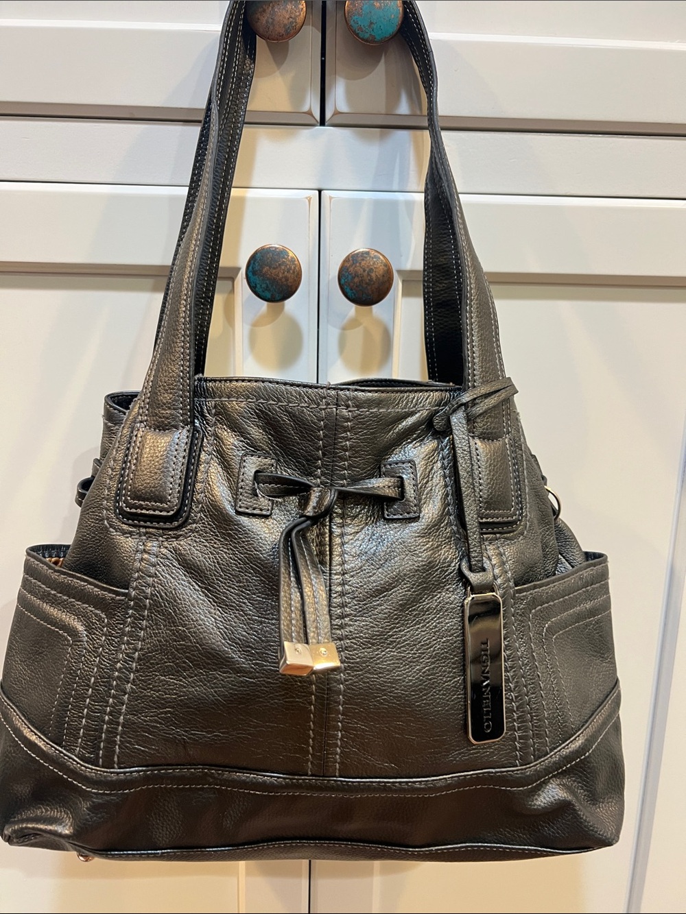 $180 Tignanello gun metal grey Leather Shoulder Bag
